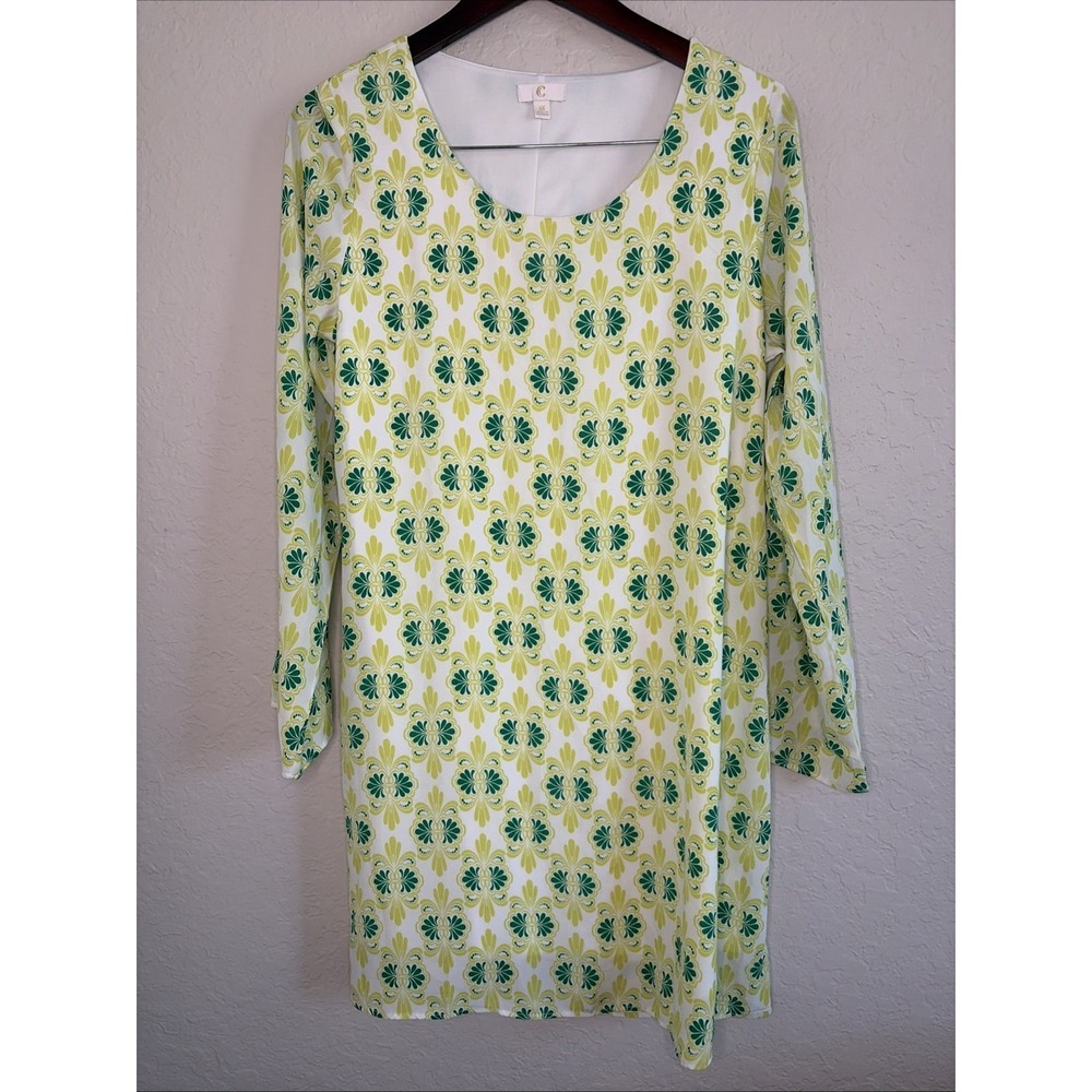 C Women's Shift Midi Dress Long Sleeve Lined Yellow Green, Size Medium